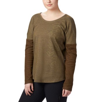 Columbia Ženske Majice S Kapuljačom - Times Two Novelty Knit Long Sleeve Plus Size Maslinasto Zelene